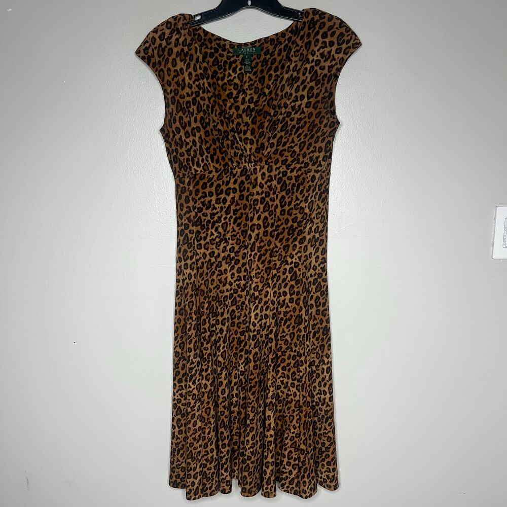 Ralph Lauren Animal Print Sheath Dress V-Neck Cap Sleeve Women's 6 Mob Wife